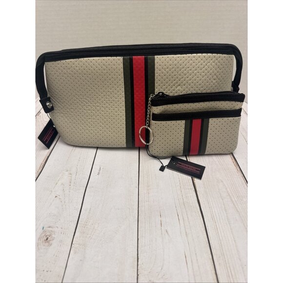 Haute Shore Neoprene Travel Bag 12” Small Keychain Wristlet Beige Red Stripe NWT - Picture 1 of 8